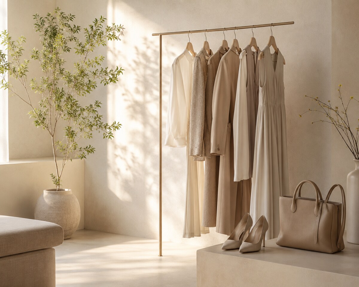 明るい空間に整えた衣服、靴、バッグのセレクション